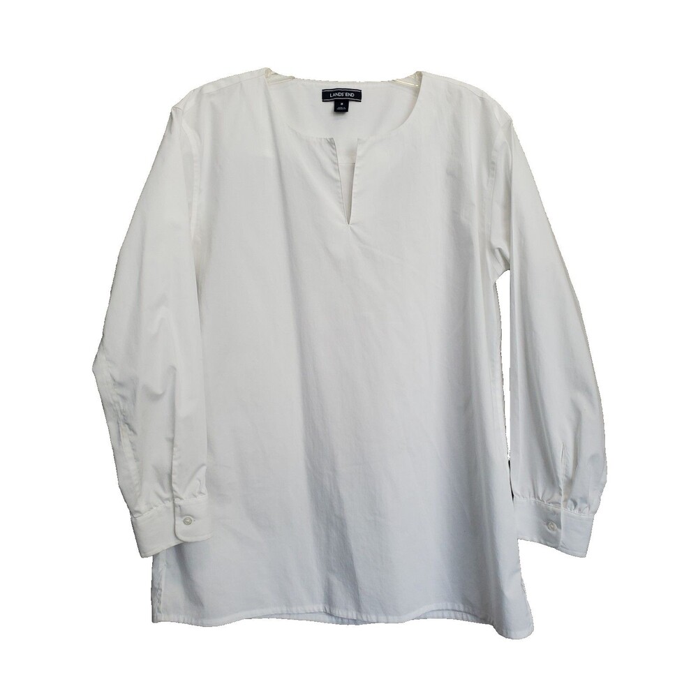 Lands' End Women's White Cotton Blend Split Neck Popover Tunic Size 8